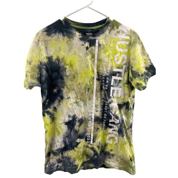 Hustle Gang Tie-Dye Graphic T-Shirt Lime & Navy Size S - Picture 1 of 4